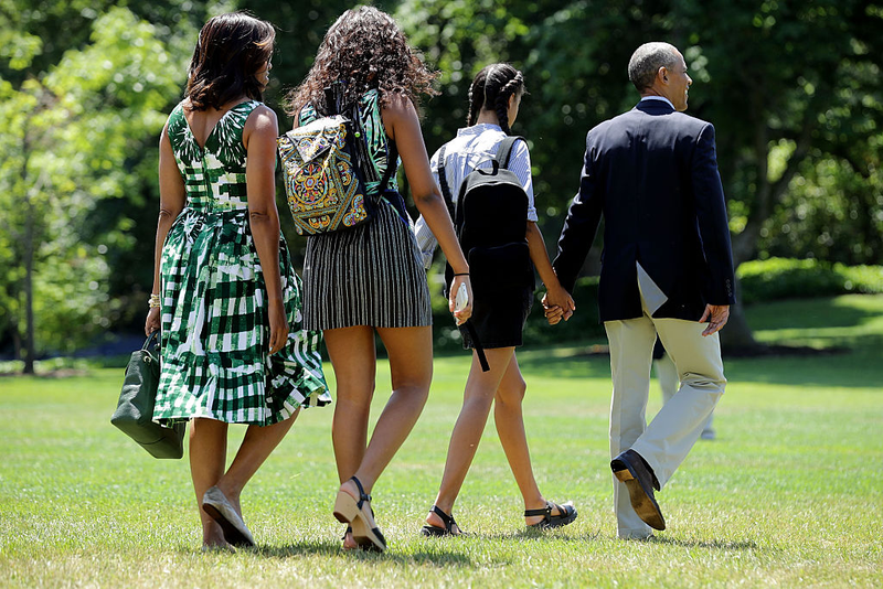 Michelle Obama, daughters Malia Obama and Sasha Obama, and President Barack Obama leave the White House before boarding Marine One on the South Lawn of the White House on June 17, 2016.Chip Somodevilla/Getty Images